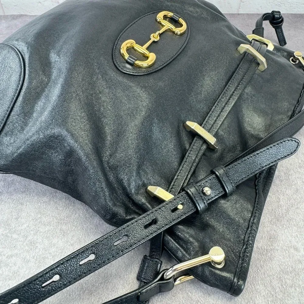 Gucci Sakai Calfskin Horsebit 1955 Cinch Top Messenger Bag Black - Picture 9 of 16